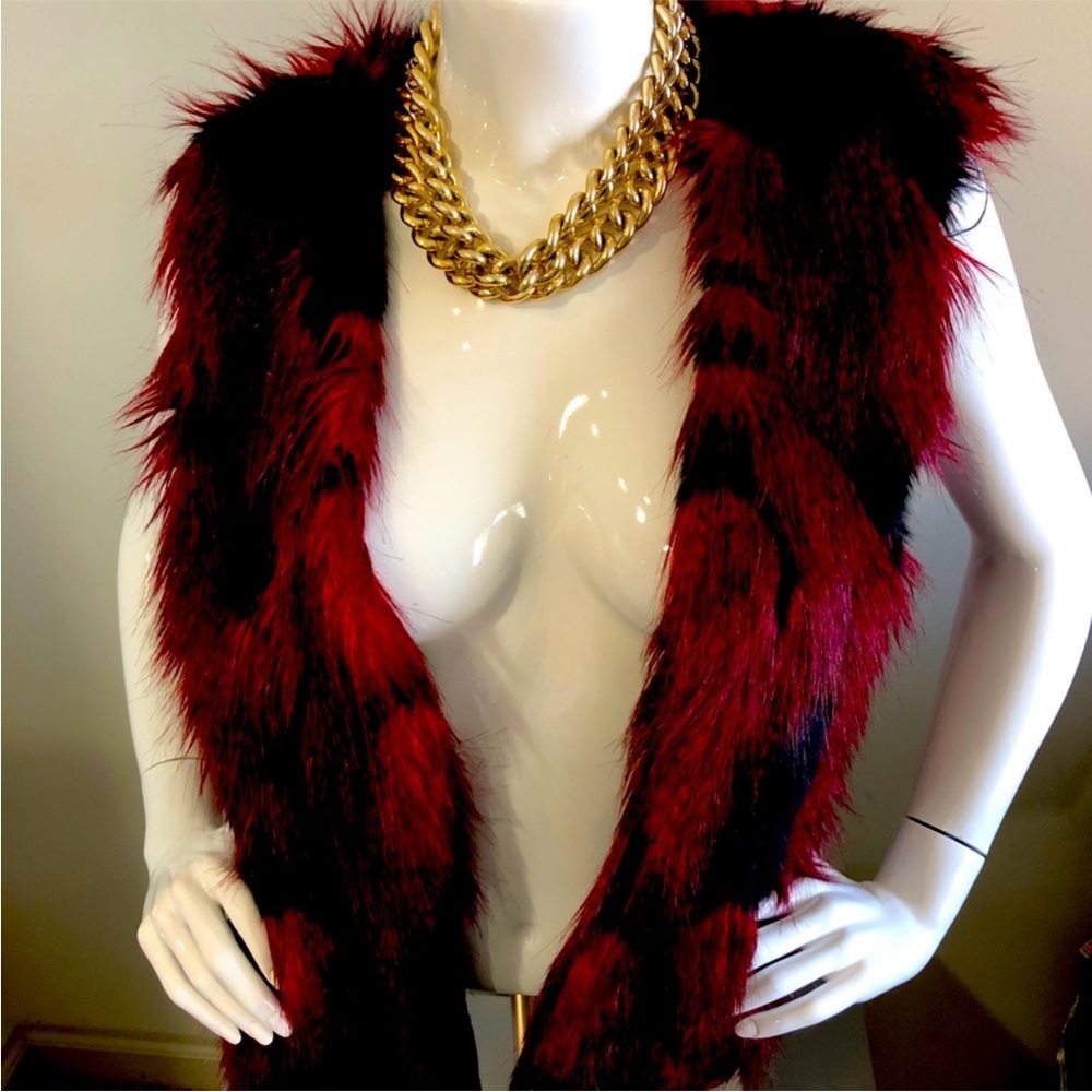 Melissa Paige Red and Black Faux Fur Vest